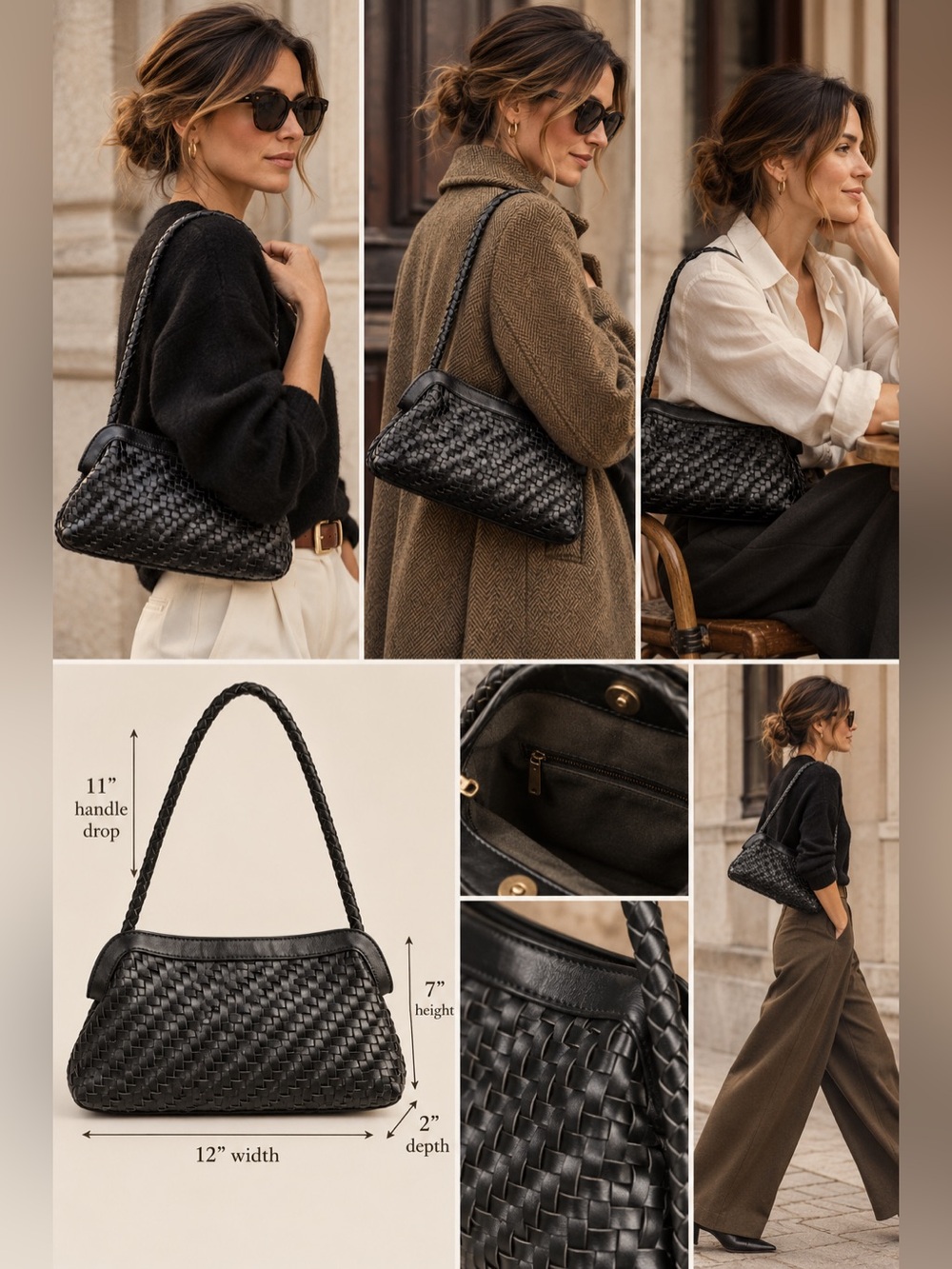 Black Woven Leather Shoulder Bag Braided Strap Vintage 90s Y2K Quiet Luxury